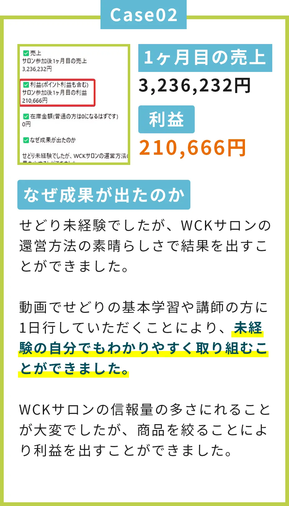 「1ヶ月目の売上 3,236,232円、利益 210,666円」と記載された個人の実績報告画像