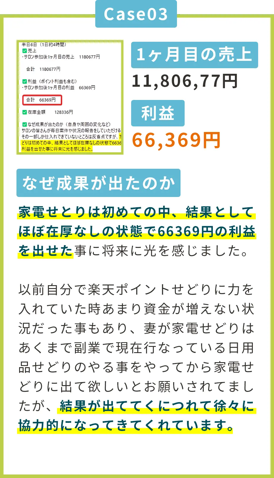 「1ヶ月目の売上 11,806,77円、利益 66,369円」と記載された家電せどりの実績報告画像