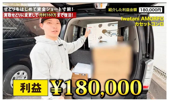 車の後部に積まれた商品を紹介する男性が、せどりによる利益について説明している