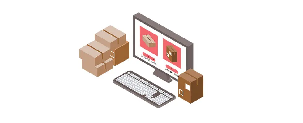 パソコンと段ボール箱で商品の情報を管理するイラスト