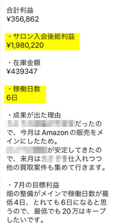 進捗報告や利益額などの内容が記載されたスクリーンショット画像